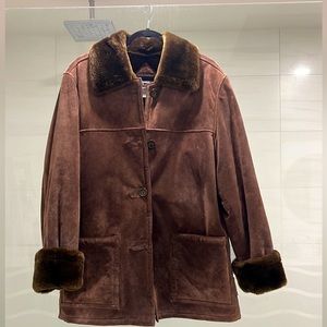 Stunning 100% genuine leather brown faux fur Dennis basso coat
